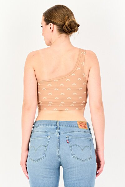 Cozi Women Asymmetrical Neckline Allover Print Sleeveless Tank Top, Brown