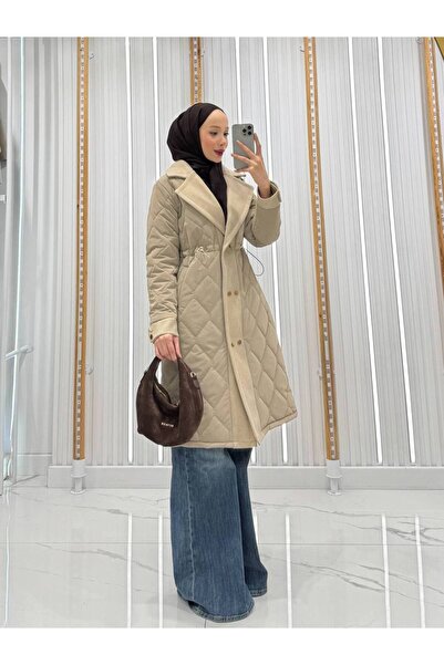 QUMRU Kadın Baklava Desenli Vizon Kapitone Kaban