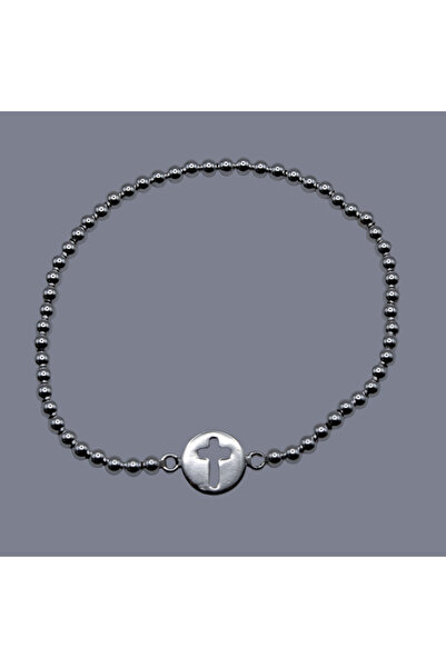 Velvet 925 Sterling Silver Bracelet with Beads and Cut-Out Cross Medallion