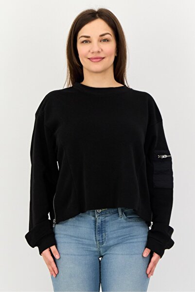 No Comment Women Crew Neck Solid Long Sleeve Sweatshirt, Black