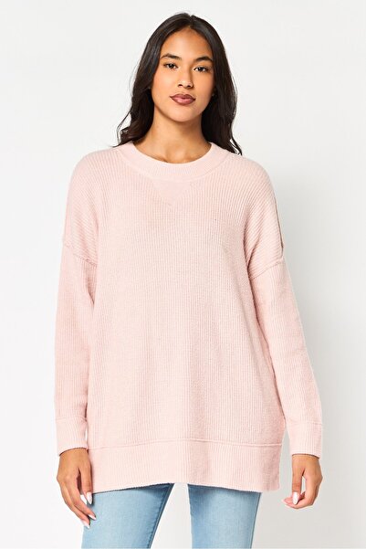 aerie Women Ribbed Collar Long Sleeves Textured Sweaters, Light Pink