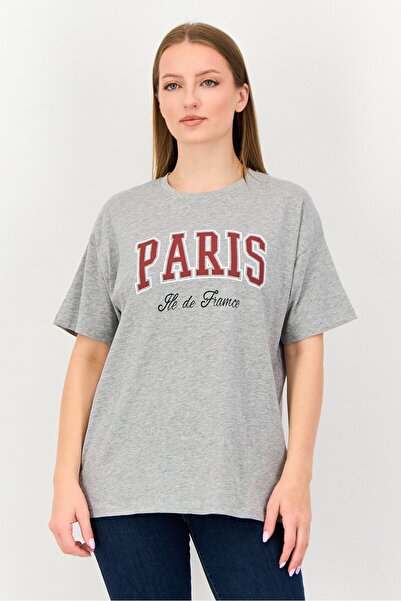 Brave Soul Women Crew Neck Short Sleeve Graphic Print T-Shirt, Grey