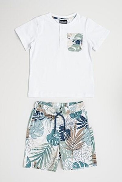 Sarabanda 2-piece patterned clothing set - White, Persian Green, 104 CM