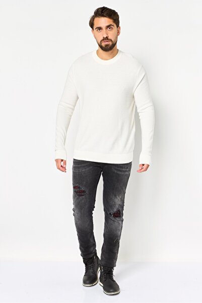 CELIO Men Crew Neck Textured Long Sleeve Sweatshirt, Off White
