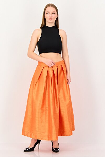 femi9 Women Plain Midi Skirt, Orange