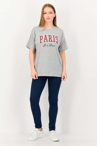 Brave Soul Women Crew Neck Short Sleeve Graphic Print T-Shirt, Grey