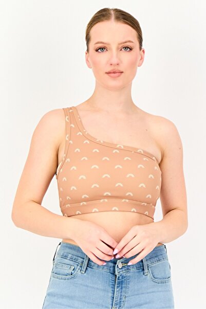 Cozi Women Asymmetrical Neckline Allover Print Sleeveless Tank Top, Brown