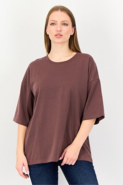 Core Elements Women Crew Neck Plain Short Sleeve T-Shirt, Brown