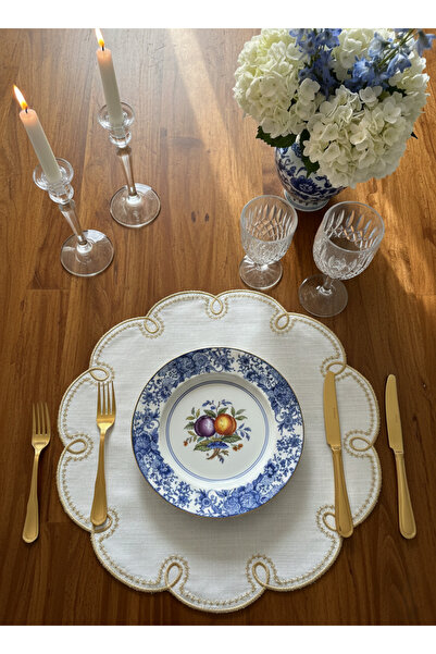 Lilies Atelier Gold Nakışlı Yuvarlak Keten Amerikan Servis Seti – 2’li