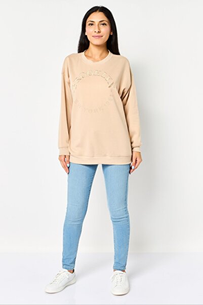 No Comment Women Crew Neck Embroidered Sweatshirt, Dark Beige