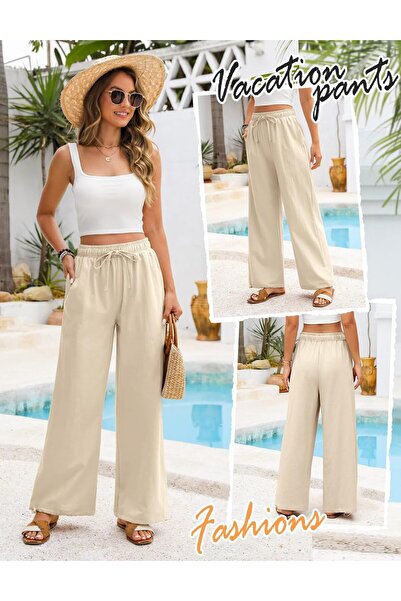 Niwicee Women's Linen Muslin Cotton Trousers High Waist Wide Straight Loose Casual Khaki M