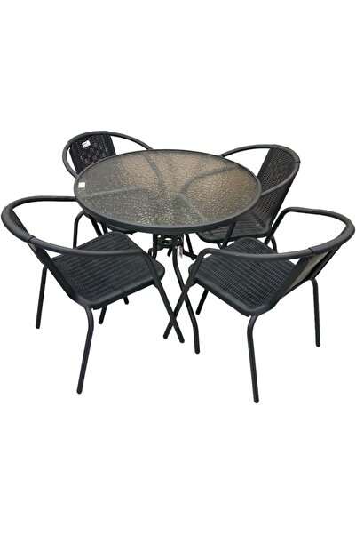 cama Garden table set with 4 chairs, black color, metal design, and round glass table