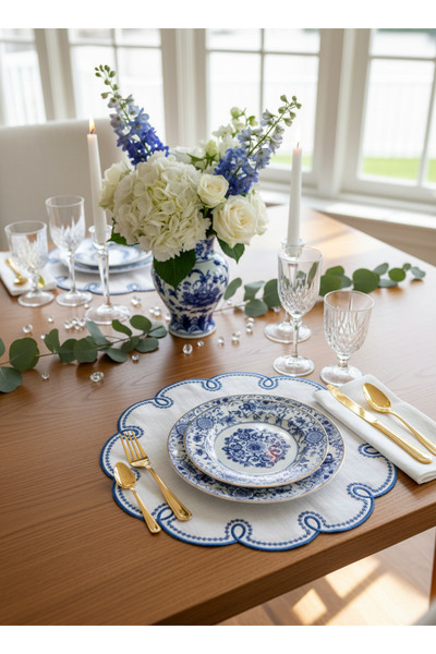 Lilies Atelier Mavi Nakışlı Yuvarlak Keten Amerikan Servis Seti – 2’li