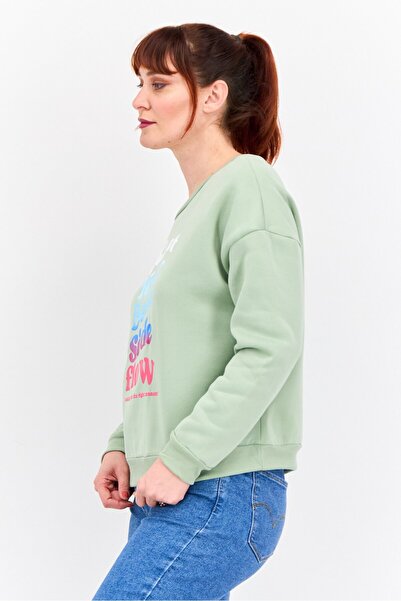 Buzz Women Round Neck Graphic Long Sleeves Sweatshirt, Light Olive