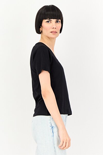 Brave Soul Women V-Neck Short Sleeve Solid T-Shirt, Black