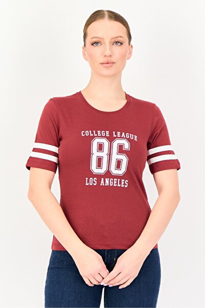 Brave Soul Women Crew Neck Short Sleeve Graphic Print T-Shirt, Maroon