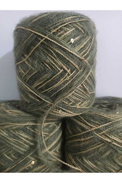 İPEK YÜN İPLİK DÜNYASI Angora Knitting Yarn 2 Ply (Light Khaki) Gold Sequin Mix on Beige 100Gr