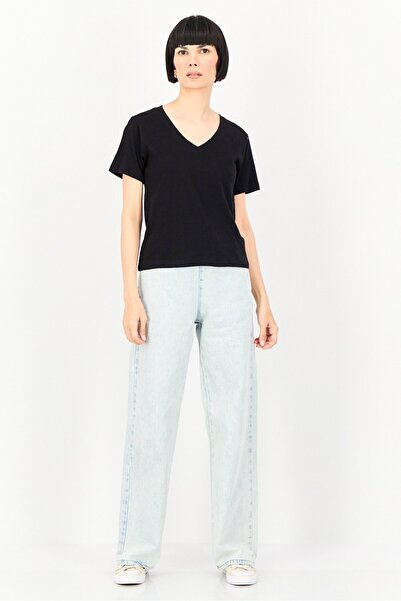 Brave Soul Women V-Neck Short Sleeve Solid T-Shirt, Black