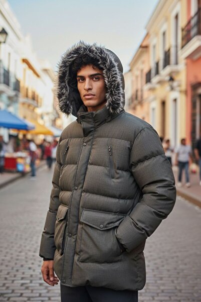 zhrcollection Men's Waterproof Fur Hooded Thermal Puffer Winter Coat – Cold-Proof Padded Model