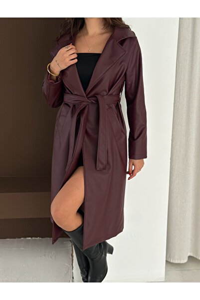 02Lady Fashion İçi Astarlı Kemerli Suni Deri Trençkot