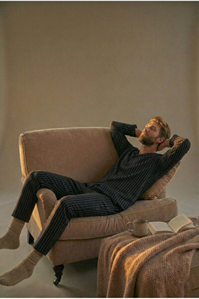 EVIus Striped Crepe Long Sleeve Shirt Pants Pajama Set Stretch Fabric Fabric Regular Fit