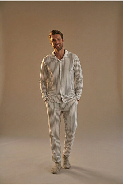 EVIus Set de pijama cu pantaloni și cămașă cu mâneci lungi din crep cu dungi material elastic țesături croială obișnuită