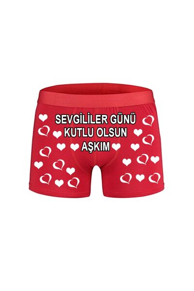 HediyeMania Sevgililer Gününe Özel Sevgililer Günü Kutlu Olsun Baskılı Kırmızı Erkek Boxer Pamuklu Beyaz Kalpli