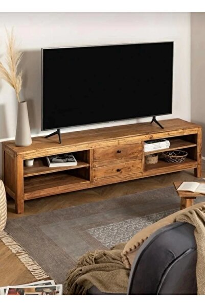 ViraHome Ahşap ve Metal Dekorasyon Vintage Model Masif Ahşap Tv Ünitesi