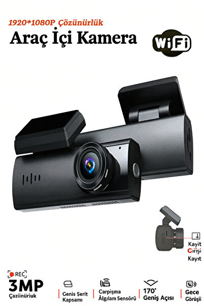 Ecuy Araç İçi Kamerası DVR+Wİ-Fİ 1920/1080P Gece Görüşlü 170º Geniş Açı Algıl...