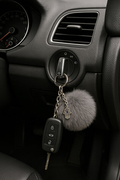 Homeland Peluş Pofuduk Ponpon Puf Koyu Gri Tüylü Ev Ofis Araba Telefon Cüzdan Çanta Anahtarlık