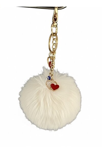 Homeland Peluş Pofuduk Ponpon Puf Beyaz Ponpon Üçlü Kalpli Charm Anahtarlık E...