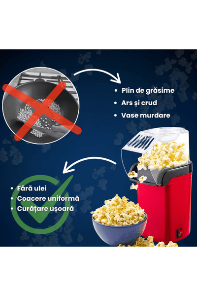 OferteTop Hot Air Popcorn Maker, Oil-Free, 1200W Power