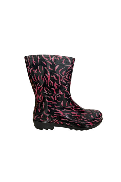 Emek Women's Pink-Black Patterned 23 cm Short Garden Rain Boots