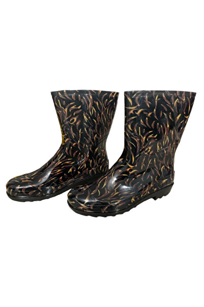 Emek Women's Yellow-Black Patterned 23 cm Short Garden Rain Boots