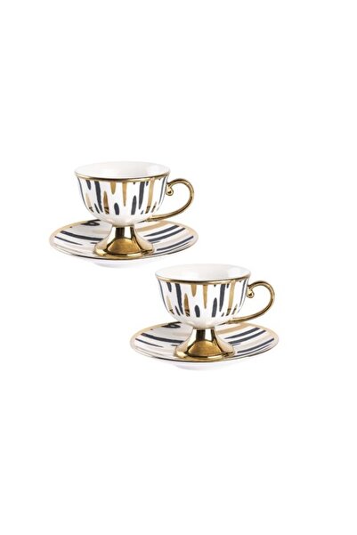 Tantitoni Set of 2 White Footed Lady New Bone Coffee Cup Set with Shiny Gold Pattern