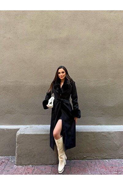 VELZANA Black Long Buttoned Belted Cashmere Coat with Fur Collar and Sleeves