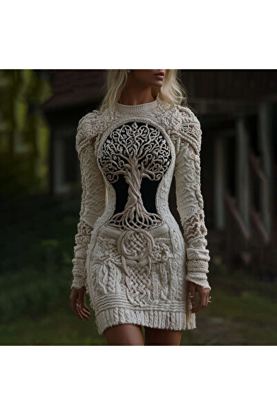 Codan Women's Viking Celtic Tree Of Life With Rose Art Cozy Knit Mini Sweater Dress
