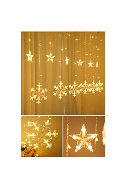 Hediye Rüzgarı Kar Tanesi Perde LED Işık, 10 Saçaklı Yıldız ve Kar Dekor, 8 M...