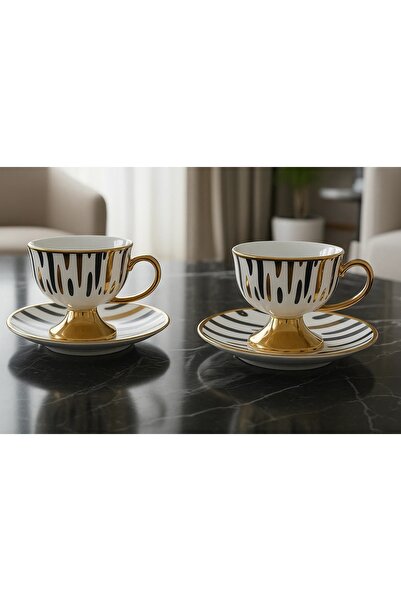 Tantitoni Set of 2 White Footed Lady New Bone Coffee Cup Set with Shiny Gold Pattern