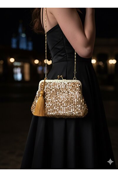 Home 25x15 ölçülerinde Gold Pullu Işıltılı Abiye Gece Çantası %100 El emeği .