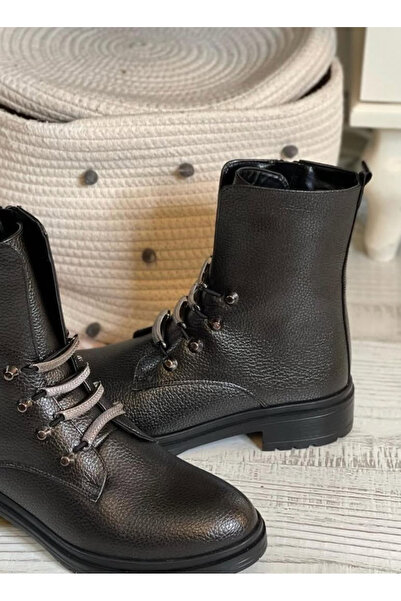 apelles Shoes Frida Dark Platinum Short Boots with Lacing Accessories and Side Zipper