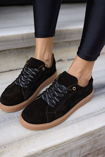 ANGELİNA JONES Raspa Women's Black Genuine Leather Suede Lace-Up Sneaker