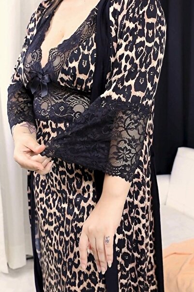 Truva XXL Premium Leopard Pattern Dressing Gown Stretch Fabric Viscose Lace Double Nightgown Set