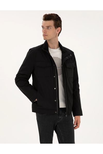 Pierre Cardin Stand-Up Collar Black Coat