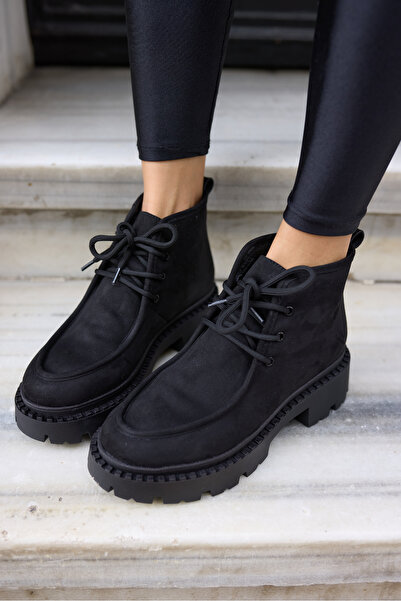 ANGELİNA JONES Dorina Women's Black Suede Boot with Lace-Up Detail