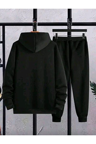 Elvino Balance Printed Oversized Winter 3 Thread Black K Hooded Sweatshirt and Sweatpants Set