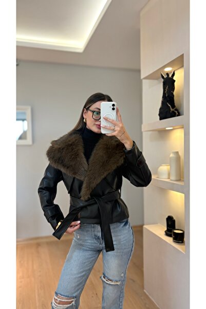 ADELLA BUTİK Kadın Kürk Yaka Suni Deri Ceket