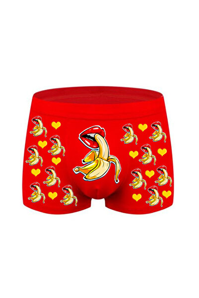 HediyeMania Muzunu Yerim Muz Baskılı Espirili Kırmızı Erkek Boxer Pamuklu