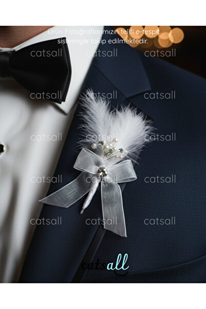 catsall ✨ Lüks Tüy, İnci ve Kristal Detaylı El Yapımı Damat Yaka Çiçeği