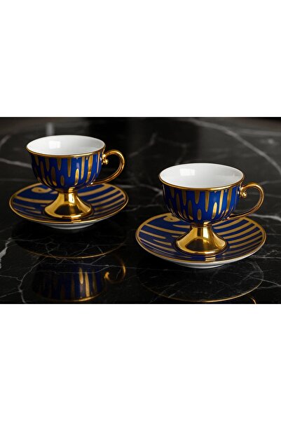 Tantitoni 2-Piece Dark Blue Footed Glass with Shiny Gold Pattern Lady New Bone Brown Cup Set